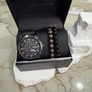 American Exchange Men's Black Rubber Strap Watch 46mm Gift Set